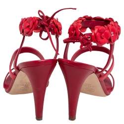 Chanel Red Leather Camellia Appliqué Ankle Strap Sandals Size 40.5