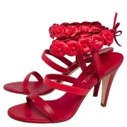 Chanel Red Leather Camellia Appliqué Ankle Strap Sandals Size 40.5