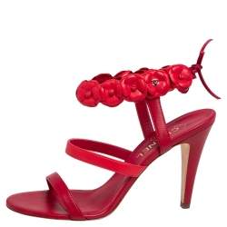 Chanel Red Leather Camellia Appliqué Ankle Strap Sandals Size 40.5