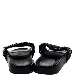 Chanel Navy Blue Fabric Tropiconic Chain Flat Slides Size 39