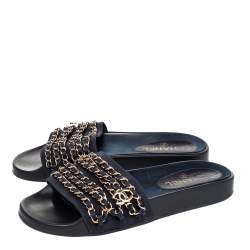 Chanel Navy Blue Fabric Tropiconic Chain Flat Slides Size 39