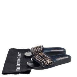 Chanel Navy Blue Fabric Tropiconic Chain Flat Slides Size 39