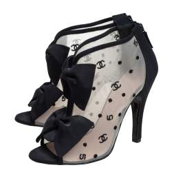 Chanel Black Mesh and Fabric CC Open Toe Bootie Ankle Booties Size 37