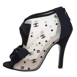 Chanel Black Mesh and Fabric CC Open Toe Bootie Ankle Booties Size 37