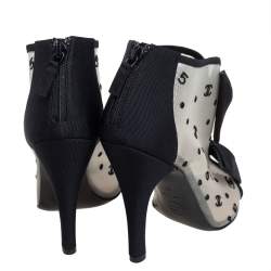 Chanel Black Mesh and Fabric CC Open Toe Bootie Ankle Booties Size 37