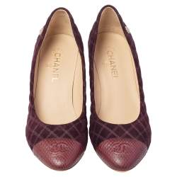 Pre Owned Chanel Burgundy Quilted Suede And Python Leather Cap Toe CC Pumps Size 41.5