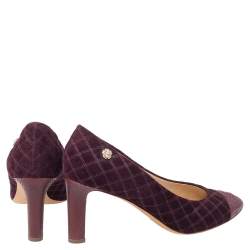Pre Owned Chanel Burgundy Quilted Suede And Python Leather Cap Toe CC Pumps Size 41.5