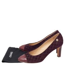 Pre Owned Chanel Burgundy Quilted Suede And Python Leather Cap Toe CC Pumps Size 41.5
