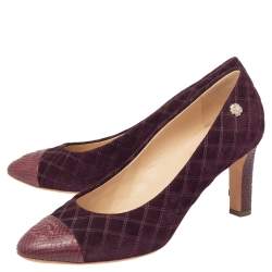 Pre Owned Chanel Burgundy Quilted Suede And Python Leather Cap Toe CC Pumps Size 41.5