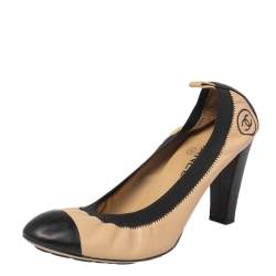 Pre Owned Chanel Beige/Black Leather Cap Toe Scrunch Pumps Size 40.5