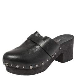 Chanel Black Leather Studded Clog Sandals Size 40 Chanel