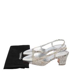 Pre Owned Chanel Silver Leather And Tweed Fabric CC Block Heel Slingback Sandals Size 39.5