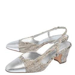 Pre Owned Chanel Silver Leather And Tweed Fabric CC Block Heel Slingback Sandals Size 39.5