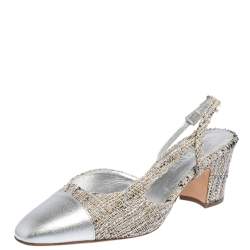 Pre Owned Chanel Silver Leather And Tweed Fabric CC Block Heel Slingback Sandals Size 39.5
