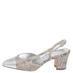 Pre Owned Chanel Silver Leather And Tweed Fabric CC Block Heel Slingback Sandals Size 39.5