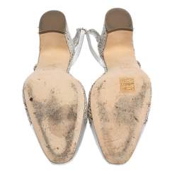 Pre Owned Chanel Silver Leather And Tweed Fabric CC Block Heel Slingback Sandals Size 39.5