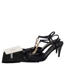 Chanel Black Fabric Chain Link T Strap Peep Toe Sandals Size 40