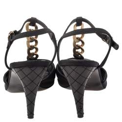 Chanel Black Fabric Chain Link T Strap Peep Toe Sandals Size 40