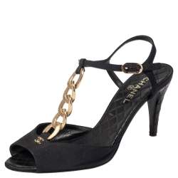Chanel Black Fabric Chain Link T Strap Peep Toe Sandals Size 40