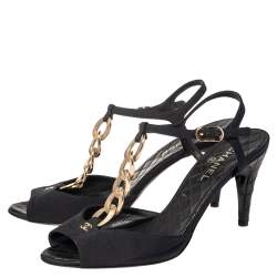 Chanel Black Fabric Chain Link T Strap Peep Toe Sandals Size 40