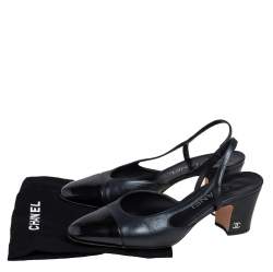 مملوكة مسبقًا Chanel Metallic Black Leather And Patent Leather Cap Toe CC Block Heel Slingback Sandals Size 36.5