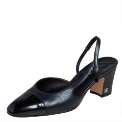 مملوكة مسبقًا Chanel Metallic Black Leather And Patent Leather Cap Toe CC Block Heel Slingback Sandals Size 36.5
