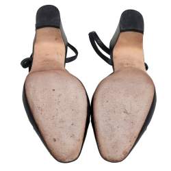 مملوكة مسبقًا Chanel Metallic Black Leather And Patent Leather Cap Toe CC Block Heel Slingback Sandals Size 36.5