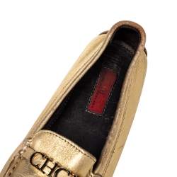 Pre Owned Carolina Herrera Gold Leather Logo Detail Slip On Loafers Size 38