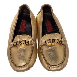 Pre Owned Carolina Herrera Gold Leather Logo Detail Slip On Loafers Size 38