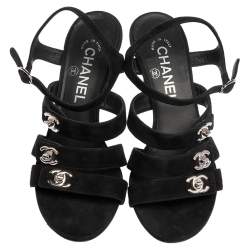 Pre Owned Chanel Black Suede CC  Turnlock Open Toe Sandals Size 36.5