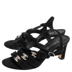 Pre Owned Chanel Black Suede CC  Turnlock Open Toe Sandals Size 36.5