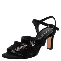 Pre Owned Chanel Black Suede CC  Turnlock Open Toe Sandals Size 36.5