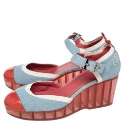 Chanel Blue/Red Denim And Paten Leather CC Cap Toe Wedge Platform Ankle Strap Sandals Size 40
