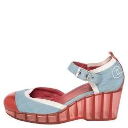 Chanel Blue/Red Denim And Paten Leather CC Cap Toe Wedge Platform Ankle Strap Sandals Size 40