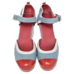 Chanel Blue/Red Denim And Paten Leather CC Cap Toe Wedge Platform Ankle Strap Sandals Size 40