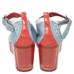 Chanel Blue/Red Denim And Paten Leather CC Cap Toe Wedge Platform Ankle Strap Sandals Size 40