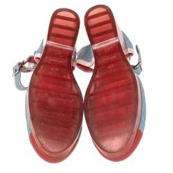 Chanel Blue/Red Denim And Paten Leather CC Cap Toe Wedge Platform Ankle Strap Sandals Size 40