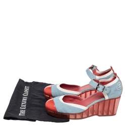 Chanel Blue/Red Denim And Paten Leather CC Cap Toe Wedge Platform Ankle Strap Sandals Size 40