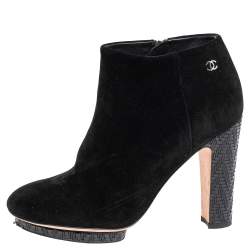 Chanel Black Suede Ankle Boots Size 35.5