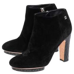 Chanel Black Suede Ankle Boots Size 35.5