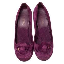 Pre Owned Chanel Purple Suede Camellia CC Block Heel Pumps Size 37