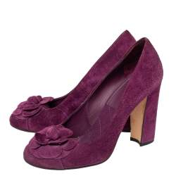 Pre Owned Chanel Purple Suede Camellia CC Block Heel Pumps Size 37