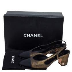 Chanel Black/Metallic Green Suede and Fabric Cap Toe CC Slingback Sandals Size 38
