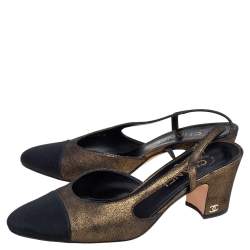 Chanel Black/Metallic Green Suede and Fabric Cap Toe CC Slingback Sandals Size 38