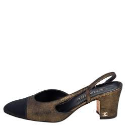 Chanel Black/Metallic Green Suede and Fabric Cap Toe CC Slingback Sandals Size 38