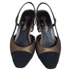 Chanel Black/Metallic Green Suede and Fabric Cap Toe CC Slingback Sandals Size 38