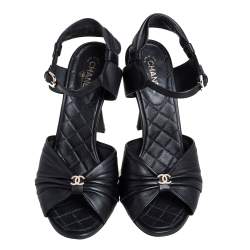 مملوكة مسبقًا Chanel Black Leather CC Open Toe Ankle Strap Sandals Size 38.5