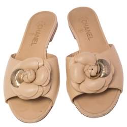 Pre Owned Chanel Beige Leather CC Camellia Flats Size 40