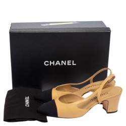 مملوكة مسبقًا Chanel Black/Beige Leather and Fabric Cap Toe Slingback Sandals Size 38