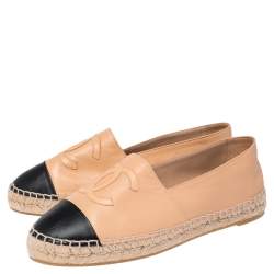 Pre Owned Chanel Beige/Black Leather CC Cap Toe Espadrilles Size 40
